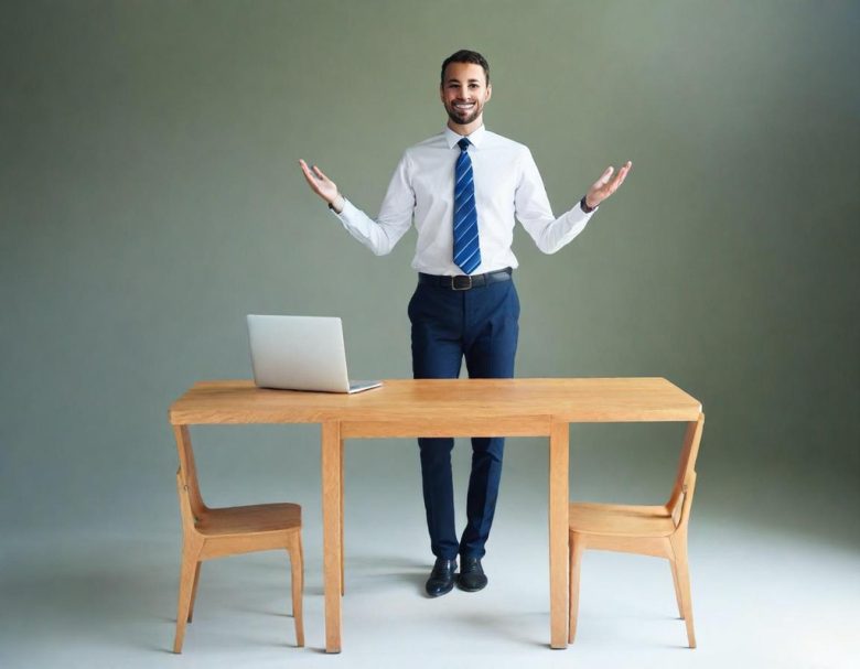 Créer sa micro-entreprise Homme en costume se tenant devant un bureau avec un ordinateur portable, mains écartées.